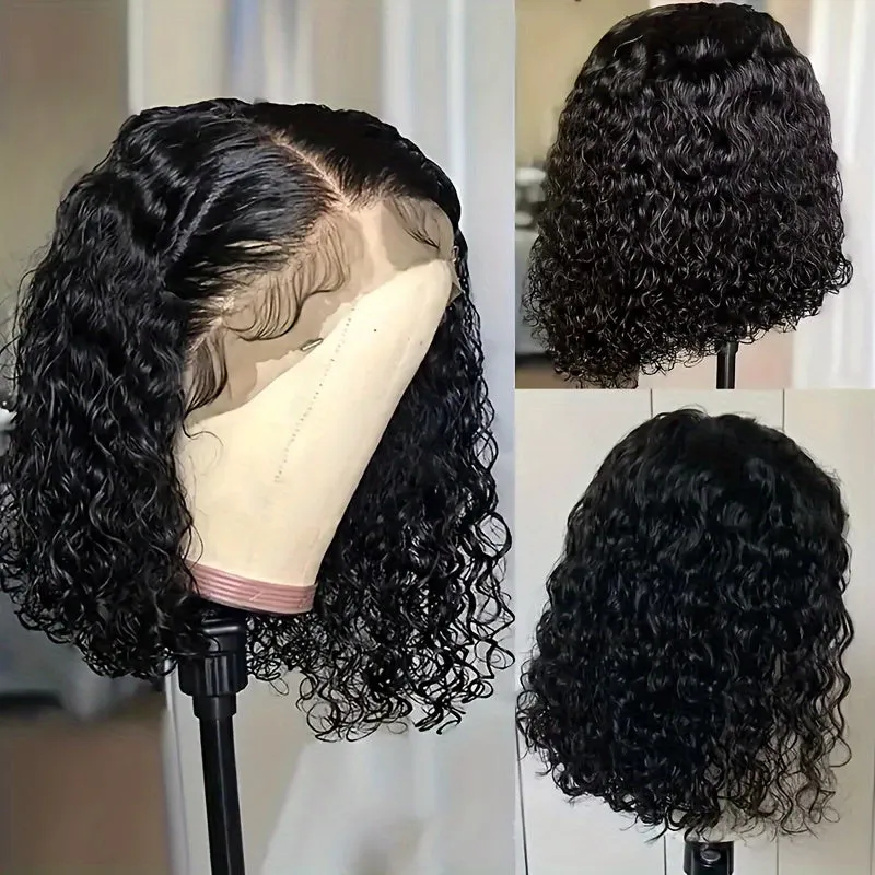 13x4 200% Density Deep Wave Curly Short Bob Wig - Premium Glueless Pre-Plucked Swiss Lace Frontal Wig Closure with Water Wave, Blunt Cut, and Sports Style for African Women - High-Quality Basics Wig for Daily Wear