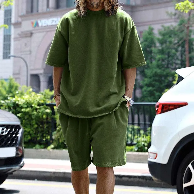 2pcs Loose Sports Suits Summer Round Neck Short-sleeved T-shirt And Drawstring Pockets Shorts Casual Solid Color Set Mens Clothing