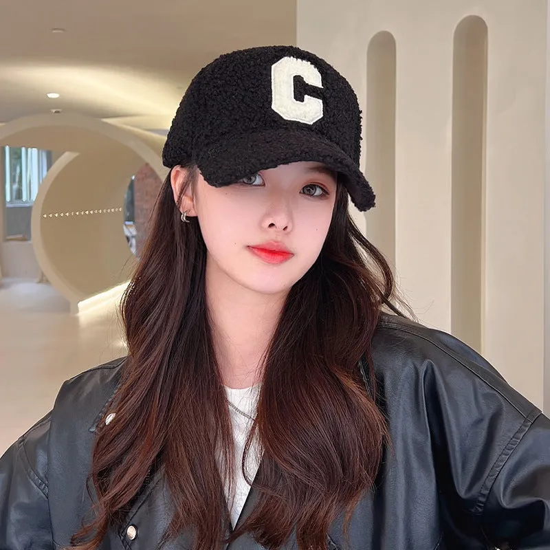 Autumn and winter lamb velvet letter C baseball cap for women, sun protection, sunshade, warm peaked cap, casual and versatile couple