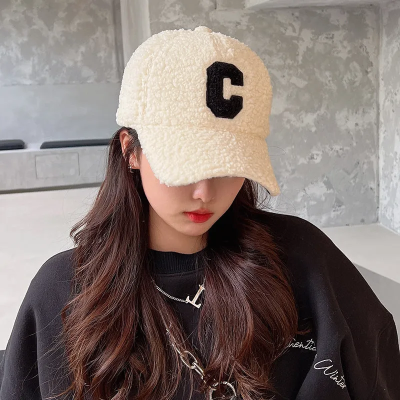 Autumn and winter lamb velvet letter C baseball cap for women, sun protection, sunshade, warm peaked cap, casual and versatile couple