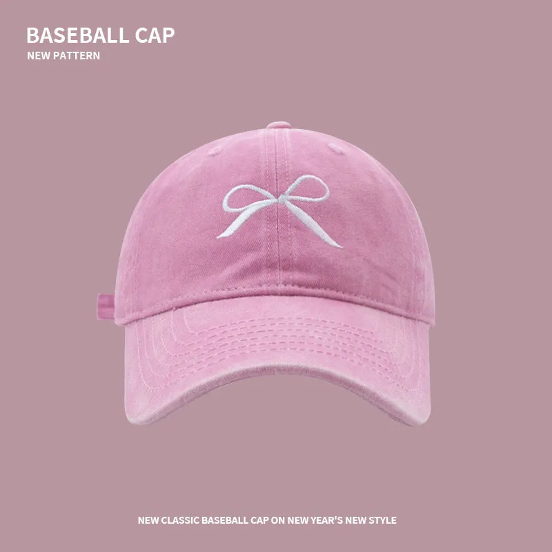 Bow soft-top sunshade baseball cap for women spring and summer Internet celebrity retro washed peaked cap student versatile sun protection hat