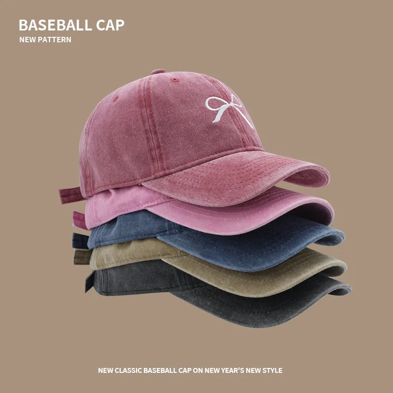 Bow soft-top sunshade baseball cap for women spring and summer Internet celebrity retro washed peaked cap student versatile sun protection hat