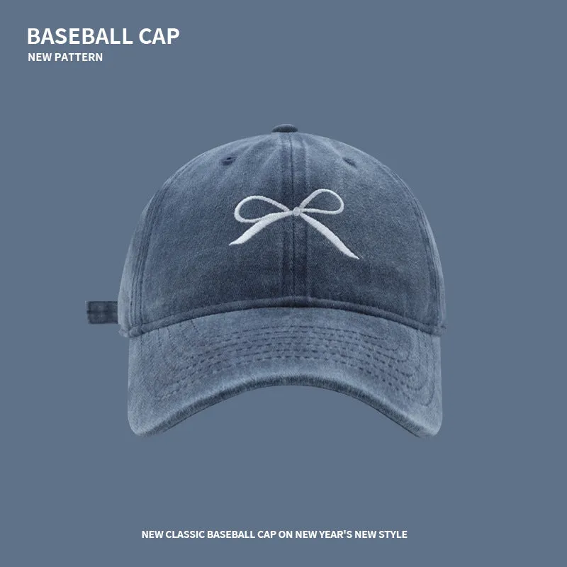 Bow soft-top sunshade baseball cap for women spring and summer Internet celebrity retro washed peaked cap student versatile sun protection hat