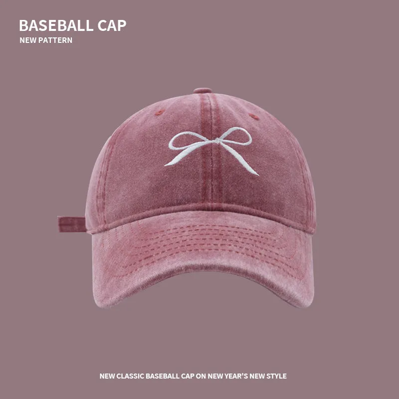 Bow soft-top sunshade baseball cap for women spring and summer Internet celebrity retro washed peaked cap student versatile sun protection hat