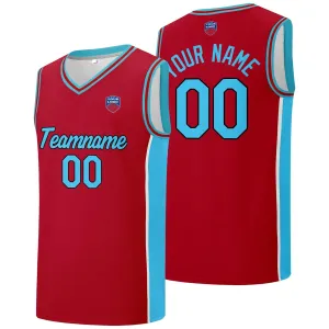 Custom basketball jersey shorts for men and women. Embroidered and printed name, number and logo Red&Light Blue