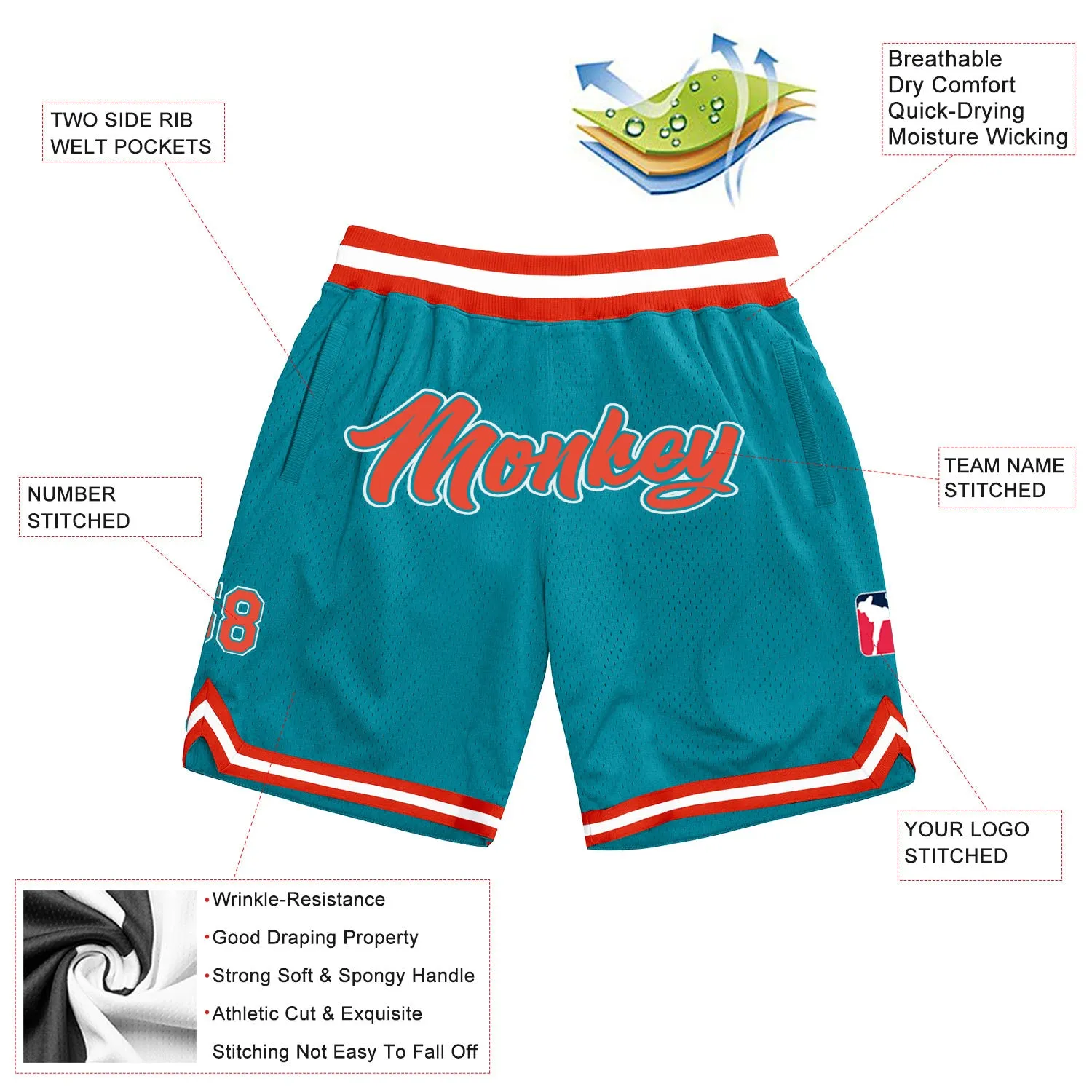 Custom Teal Orange-White Authentic Throwback Basketball Shorts