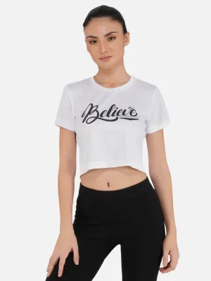 DriDOT Crop Top T Shirt Apparel Long Back Believe White Women RWW2034