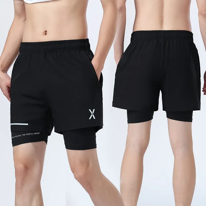 Men Two Layers Leisure Sports Shorts Breathable Dry Fit Bodybuilding Sweatpants Gym Compression Double-deck Elasticity Legging v1