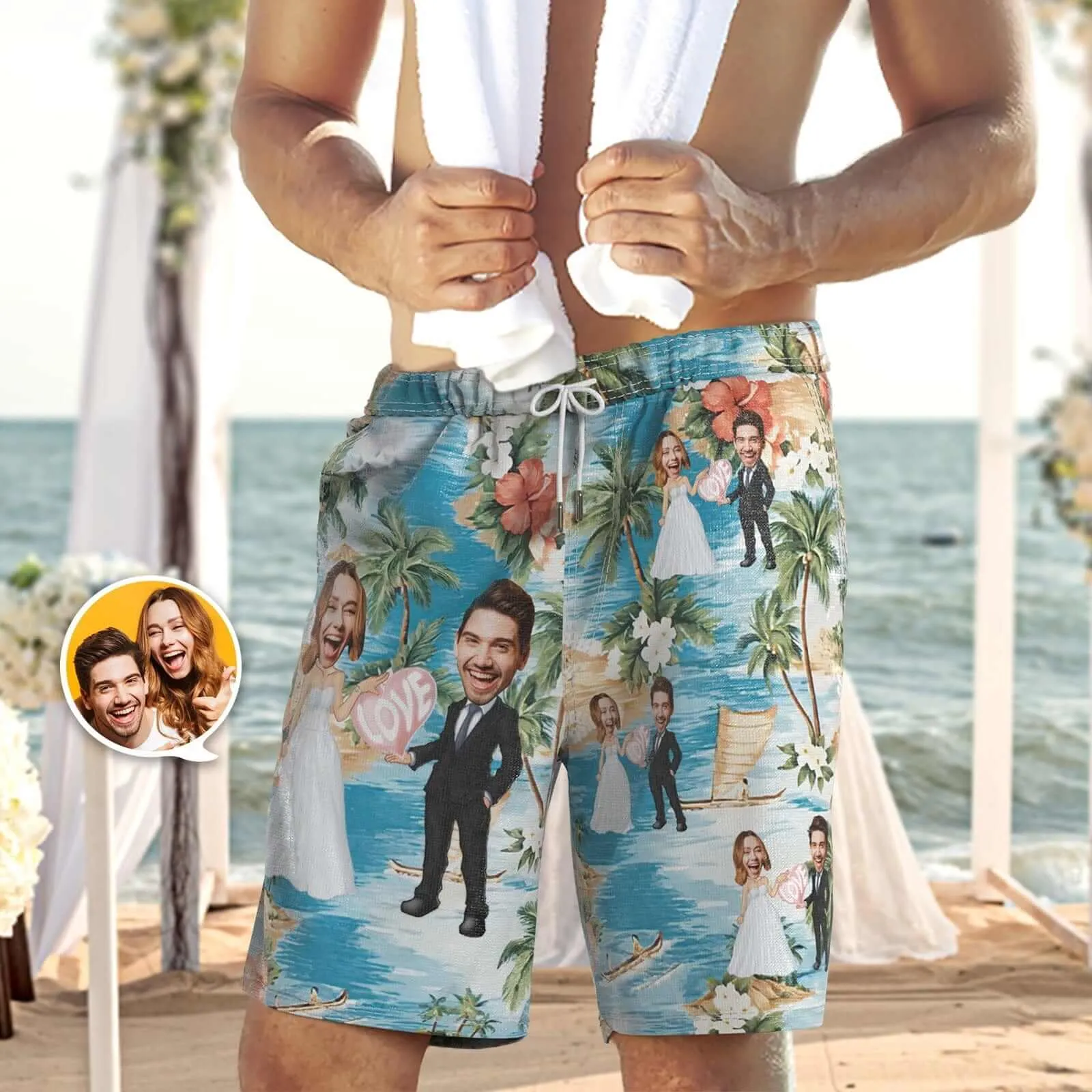 Men's Custom Personalized Wedding Photo Swim Trunks Bathing Suit