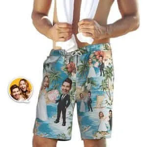 Men's Custom Personalized Wedding Photo Swim Trunks Bathing Suit