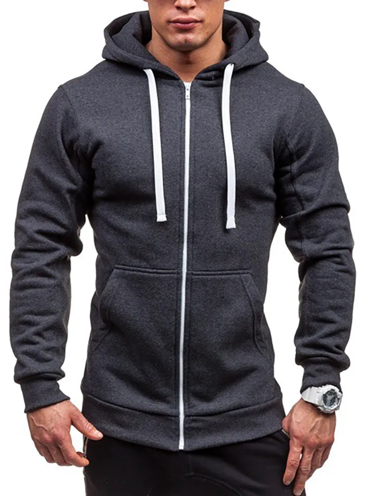 New Solid Color Zipper Hooded Casual Men Jacket