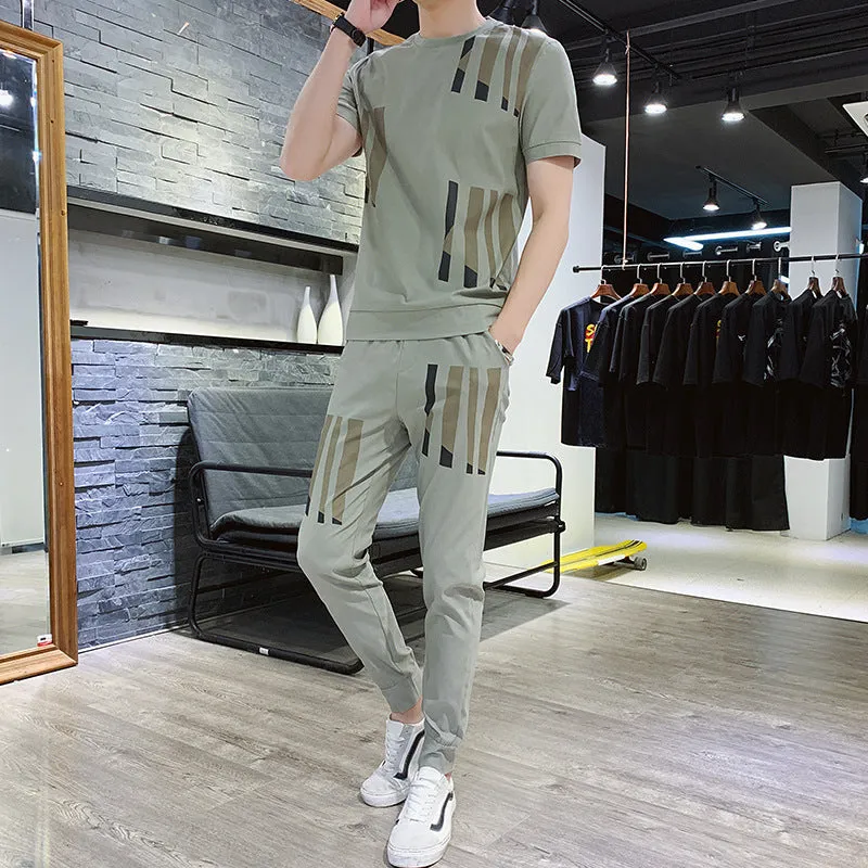 Summer Student New Slim Suit Men'S Short-Sleeved T-Shirt Trousers Sports Trend Suit