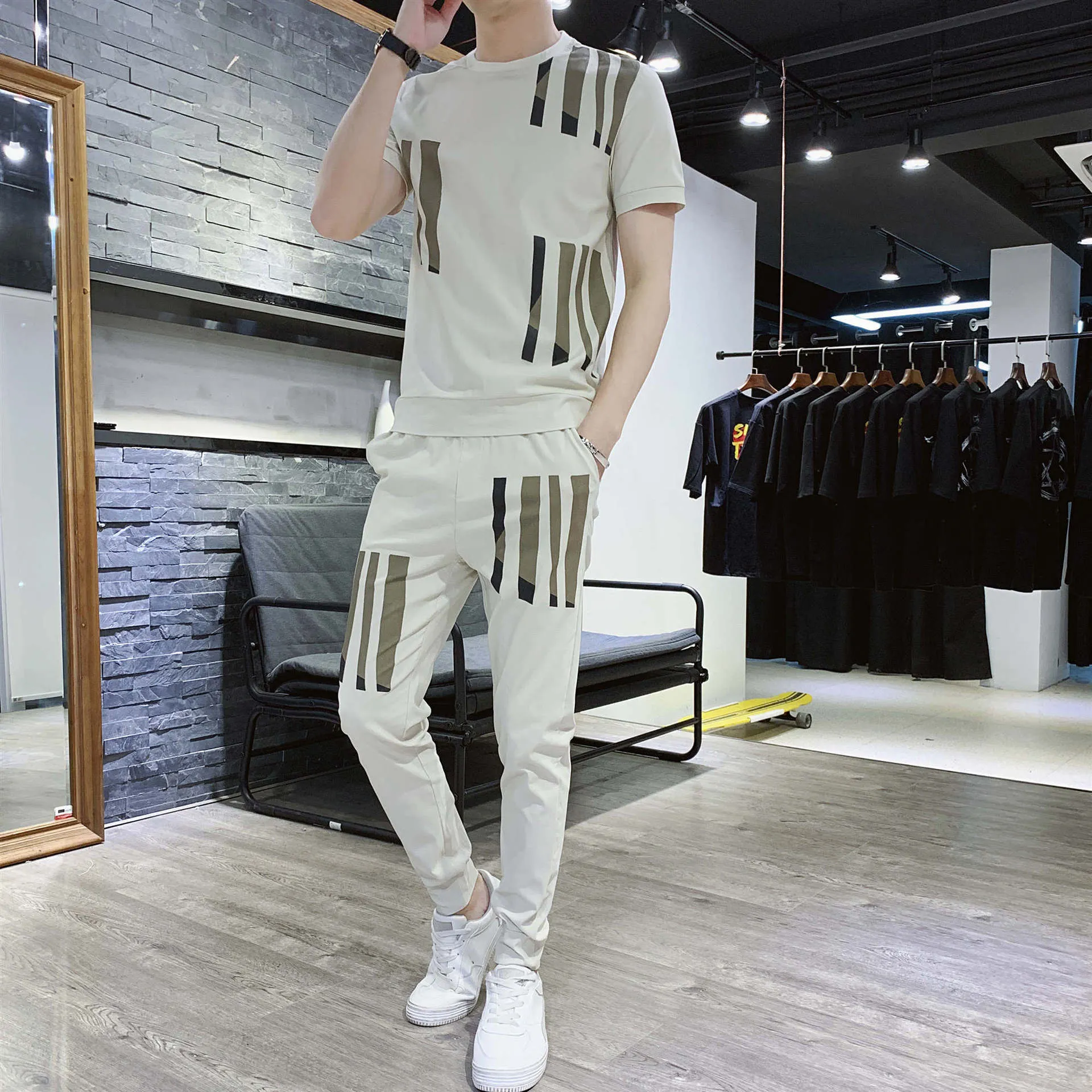 Summer Student New Slim Suit Men'S Short-Sleeved T-Shirt Trousers Sports Trend Suit