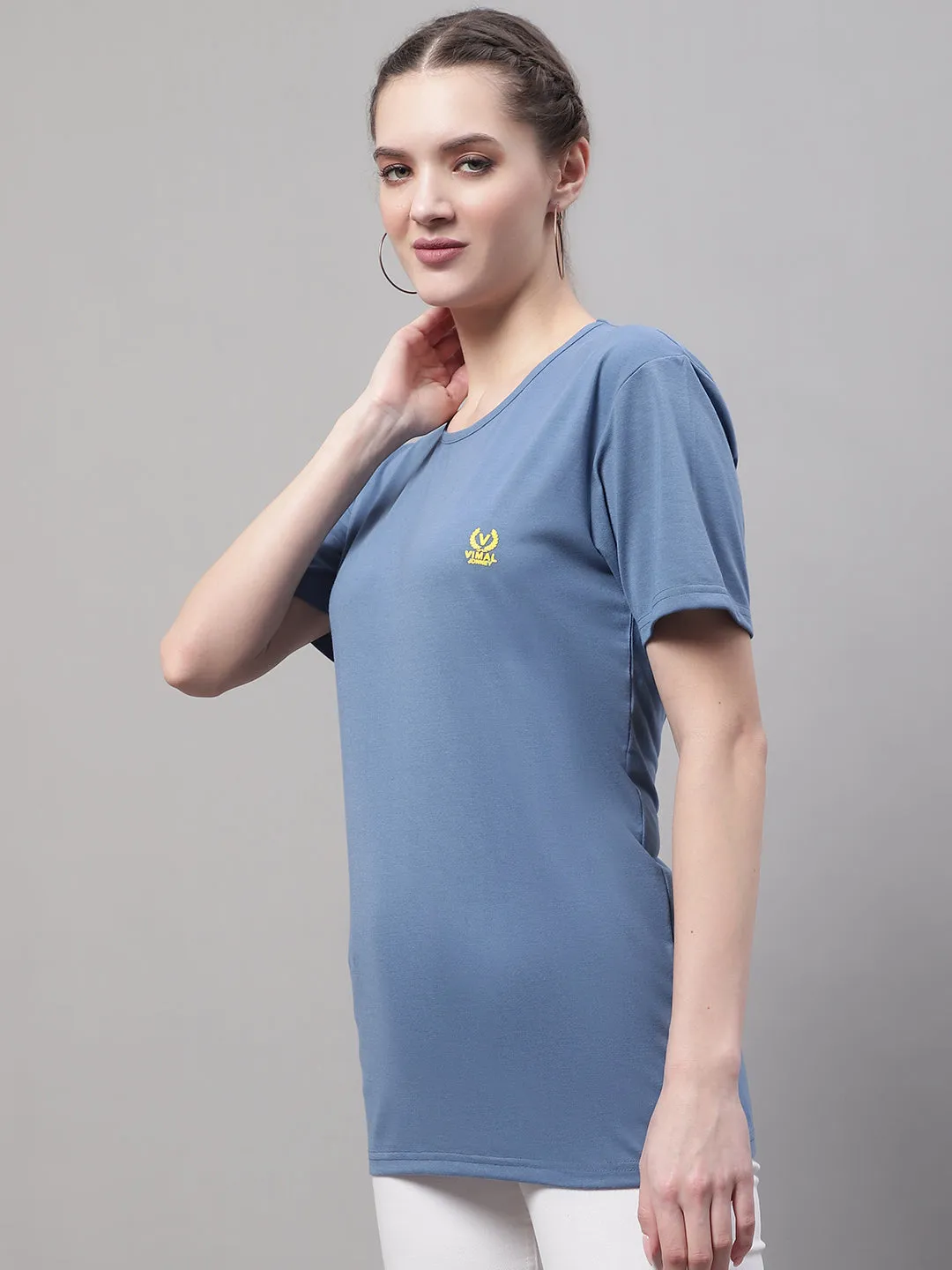 Vimal Jonney Round Neck Cotton Solid Dark Grey T-Shirt for Women