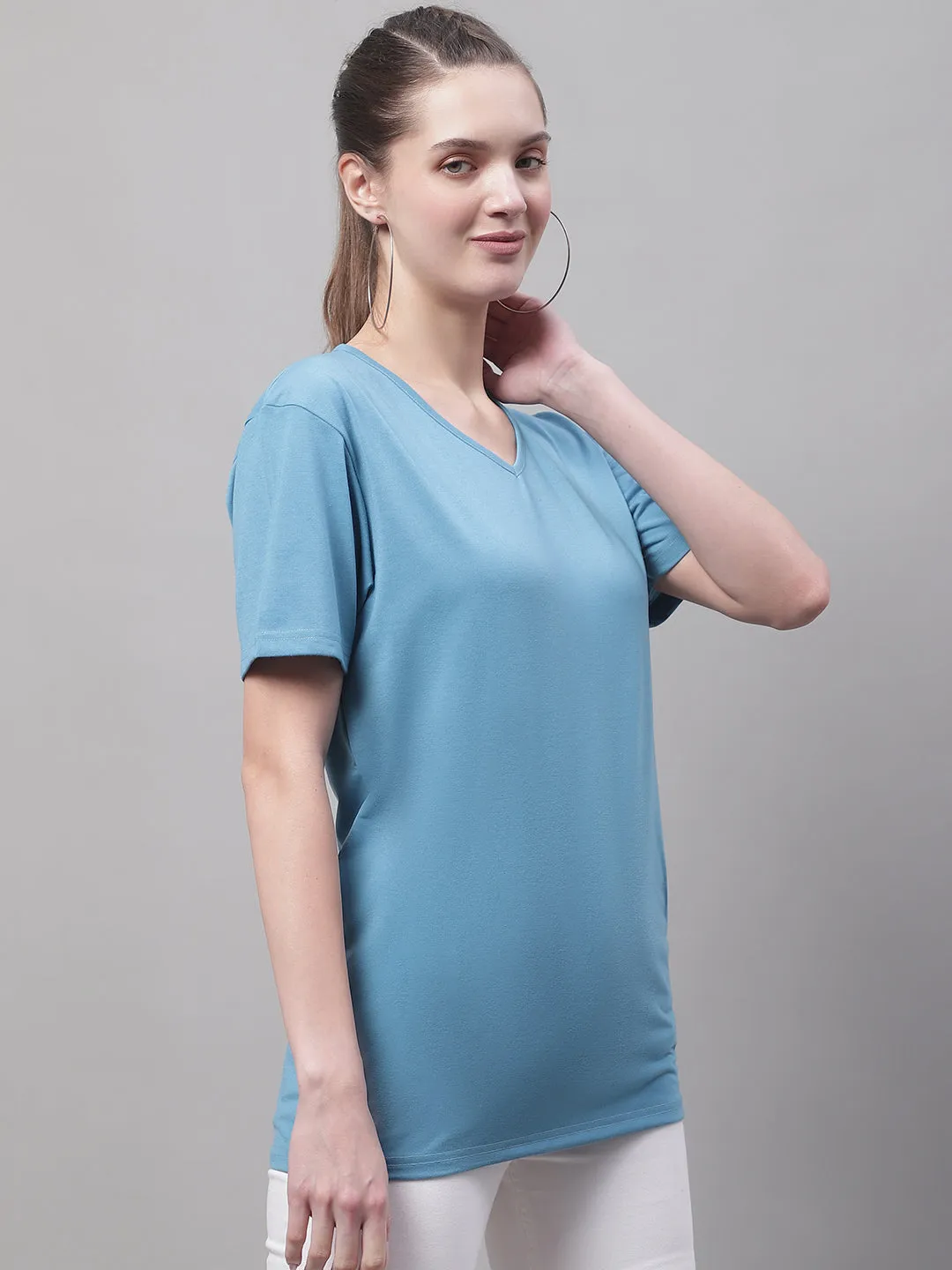 Vimal Jonney V Neck Cotton Solid Blue T-Shirt for Women