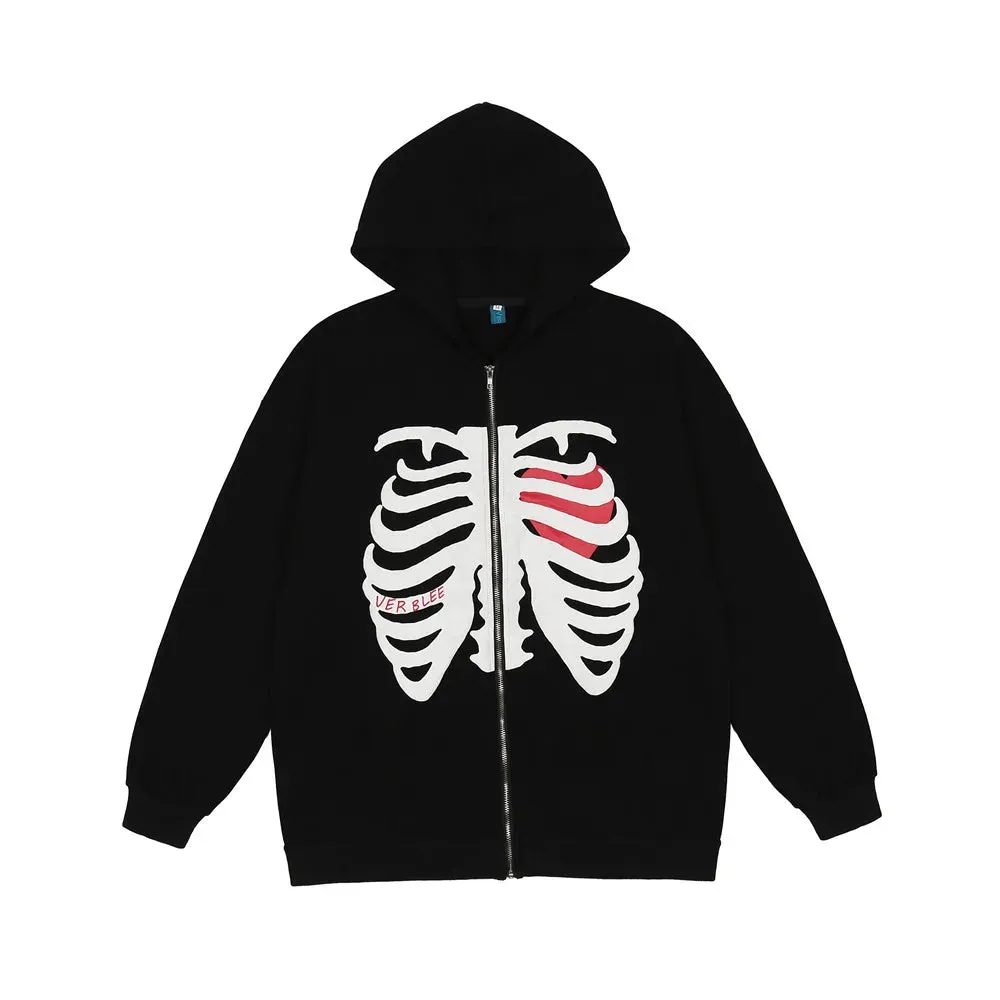 Wiaofellas  -  Rib Skeleton Print Thin Hoodies Men Hip Hop Streetwear Sports Hooded Jacket Women Harajuku Loose Pullover Autumn Sweatshirts