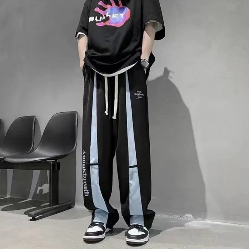 Wiaofellas  -  Sweatpants for Men Wide Leg Thin Trousers Striped Straight Summer Man Sports Pants Draped Designer Casual Streetwear Retro Sport