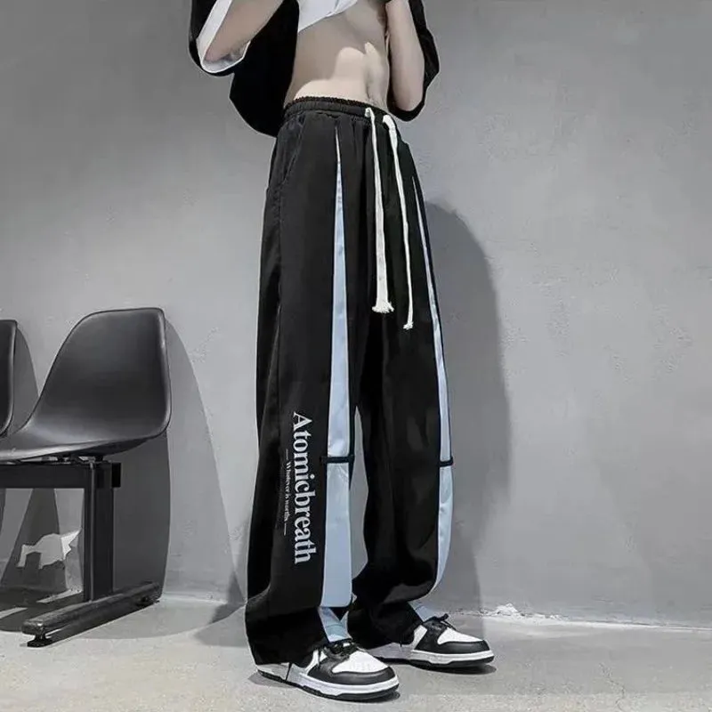 Wiaofellas  -  Sweatpants for Men Wide Leg Thin Trousers Striped Straight Summer Man Sports Pants Draped Designer Casual Streetwear Retro Sport