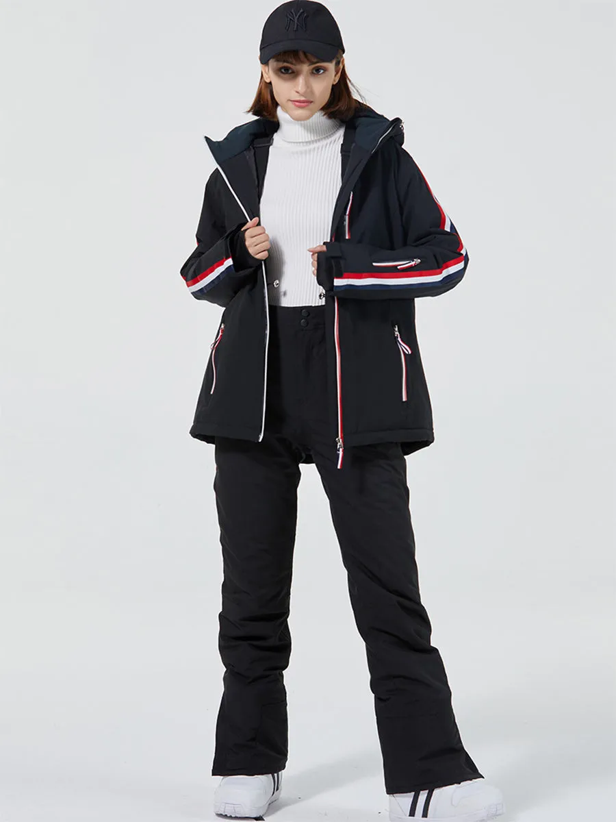 Women Striped Trim Hooded Ski Suit Set