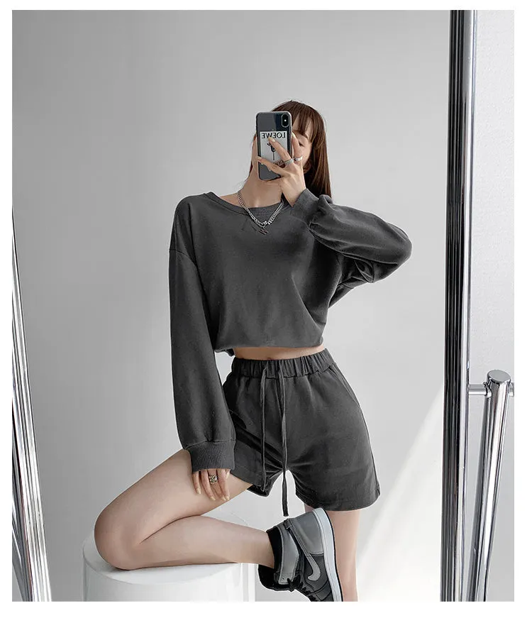 Women's Spring And Autumn Round Neck Long Sleeve Casual Sports Shorts Two-piece Suit